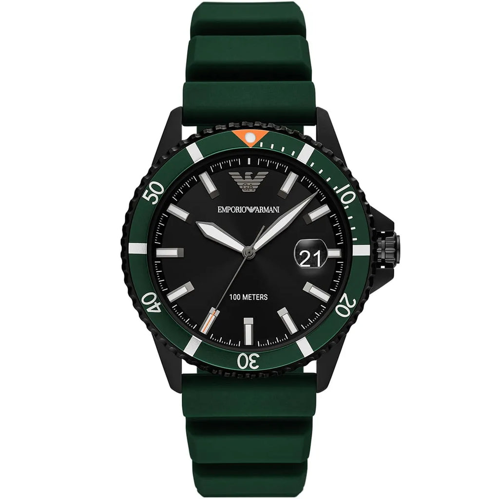 Emporio Armani Men’s Quartz Green Silicone Strap Black Dial 42mm Watch AR11464