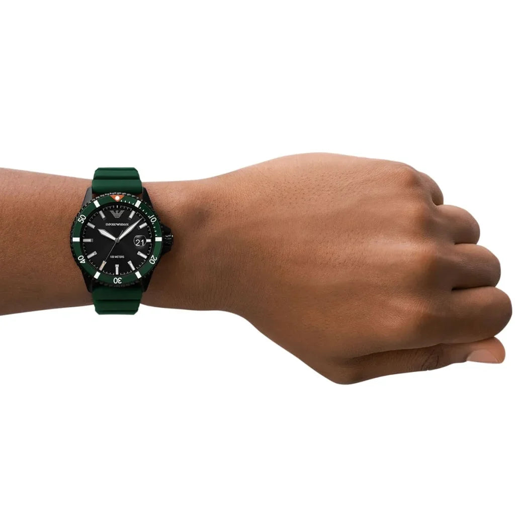 Emporio Armani Men’s Quartz Green Silicone Strap Black Dial 42mm Watch AR11464