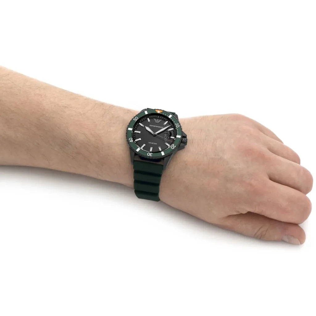 Emporio Armani Men’s Quartz Green Silicone Strap Black Dial 42mm Watch AR11464