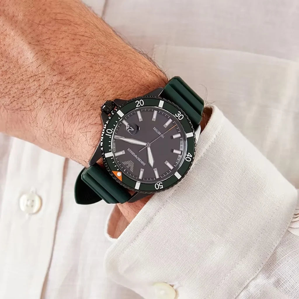 Emporio Armani Men’s Quartz Green Silicone Strap Black Dial 42mm Watch AR11464