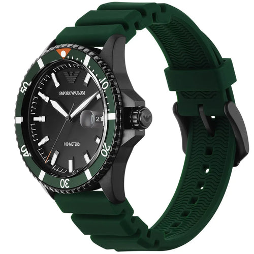 Emporio Armani Men’s Quartz Green Silicone Strap Black Dial 42mm Watch AR11464
