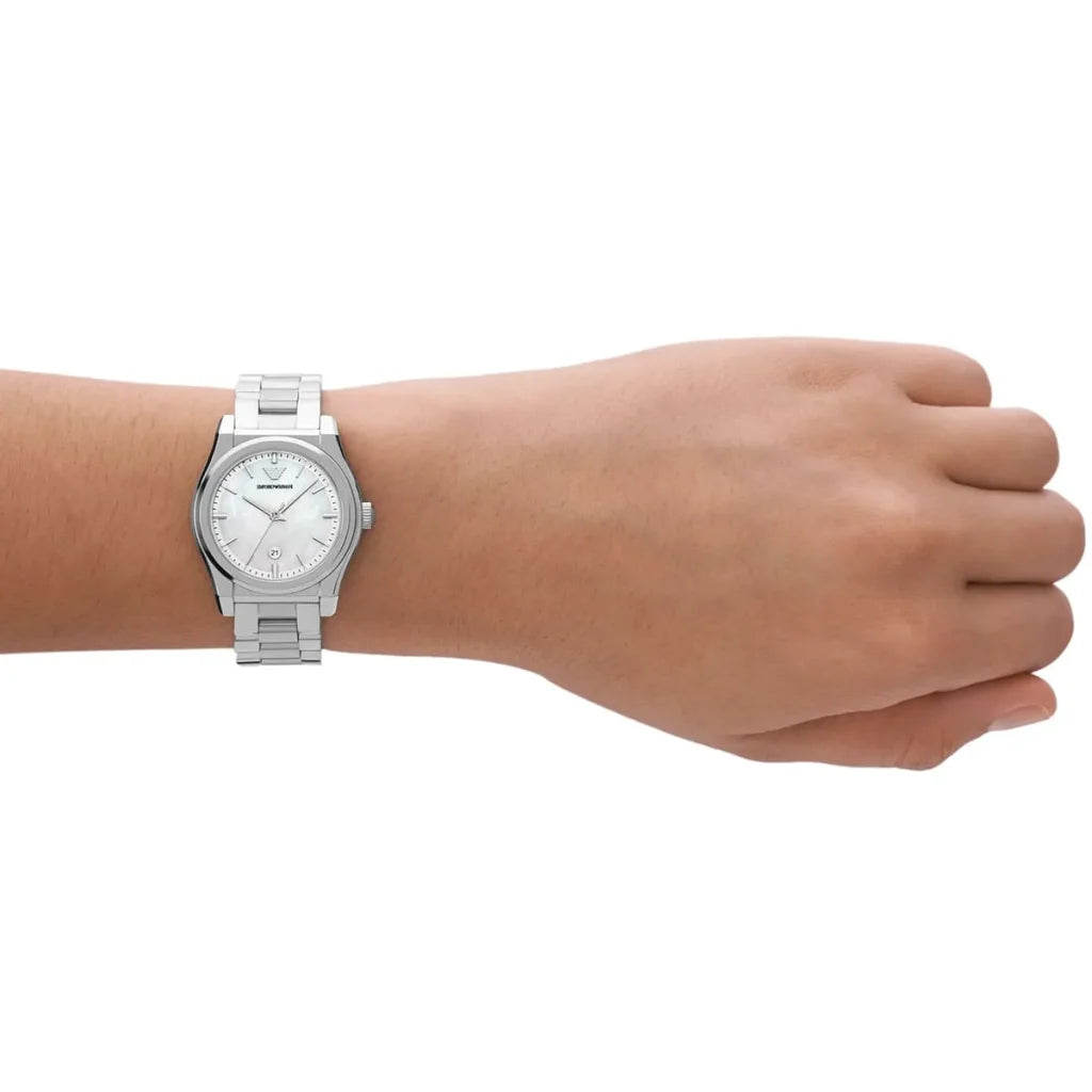 Emporio Armani Women’s Quartz Silver Stainless Steel Mother Of Pearl Dial 32mm Watch AR11557