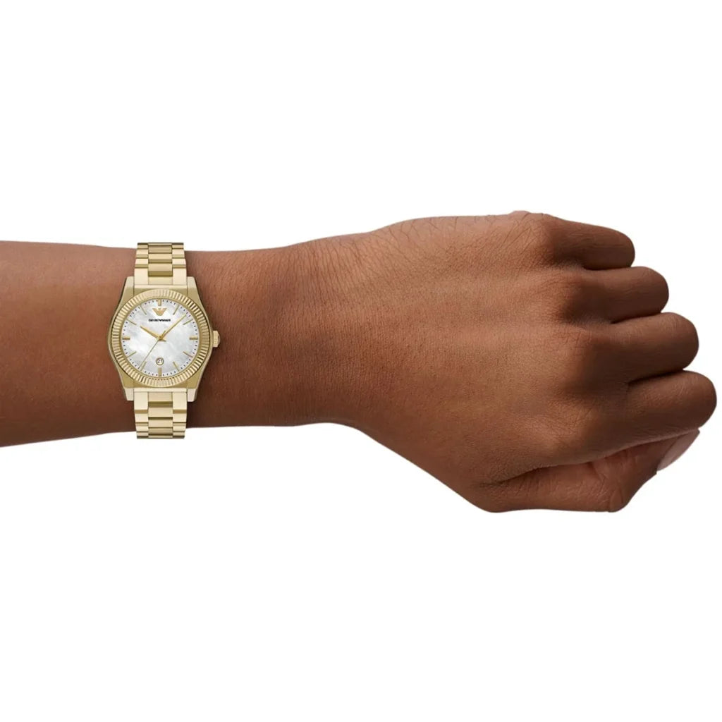 Emporio Armani Women’s Quartz Gold Stainless Steel Mother Of Pearl White Dial 32mm Watch AR11657