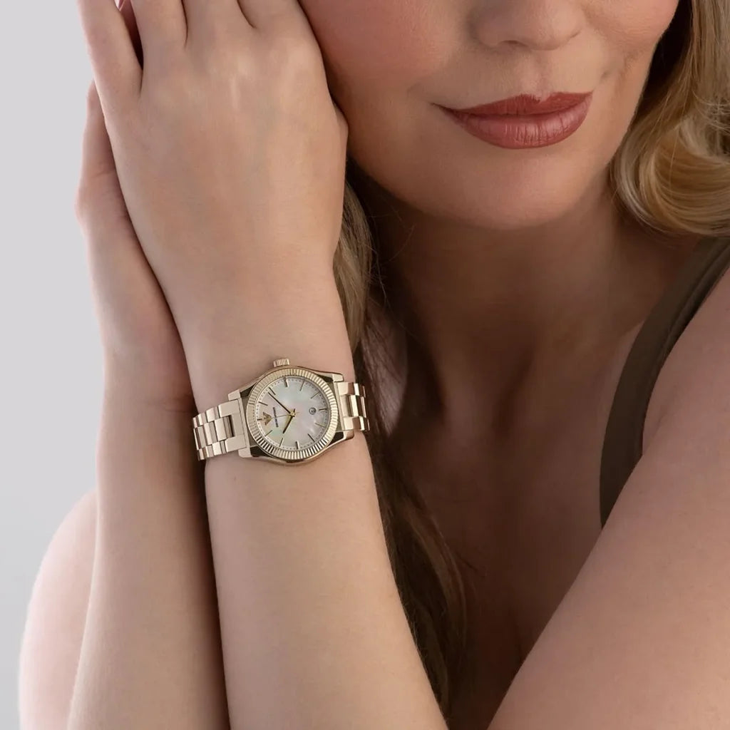 Emporio Armani Women’s Quartz Gold Stainless Steel Mother Of Pearl White Dial 32mm Watch AR11657