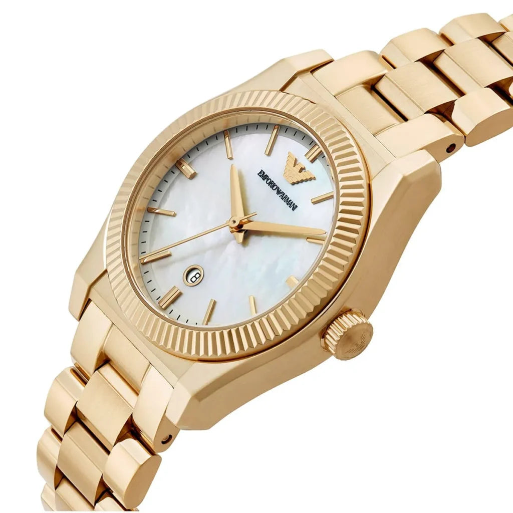 Emporio Armani Women’s Quartz Gold Stainless Steel Mother Of Pearl White Dial 32mm Watch AR11657