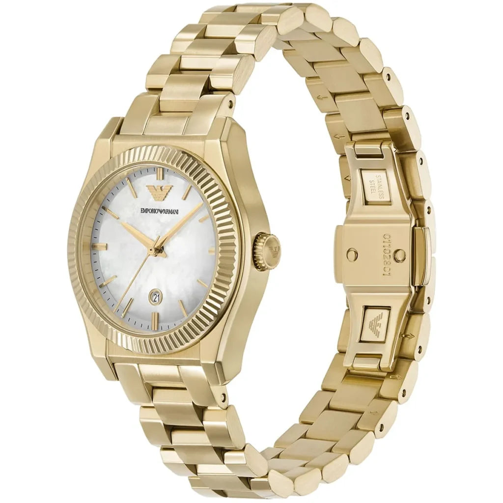 Emporio Armani Women’s Quartz Gold Stainless Steel Mother Of Pearl White Dial 32mm Watch AR11657