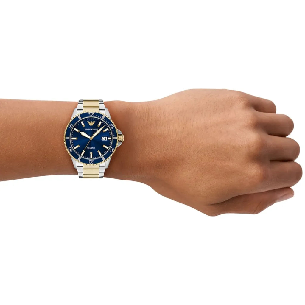 EMPORIO ARMANI World Explorer Silver Stainless Steel Blue Dial Quartz Watch for Gents A11682
