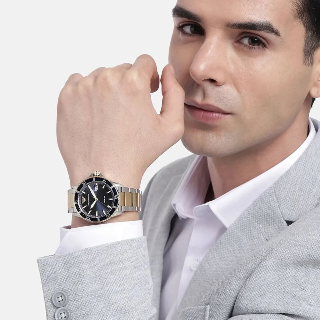 EMPORIO ARMANI World Explorer Silver Stainless Steel Blue Dial Quartz Watch for Gents A11682