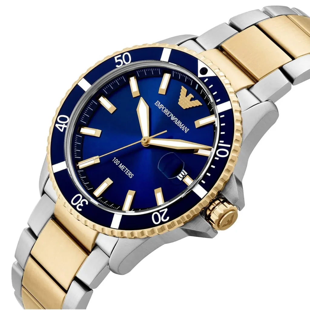 EMPORIO ARMANI World Explorer Silver Stainless Steel Blue Dial Quartz Watch for Gents A11682