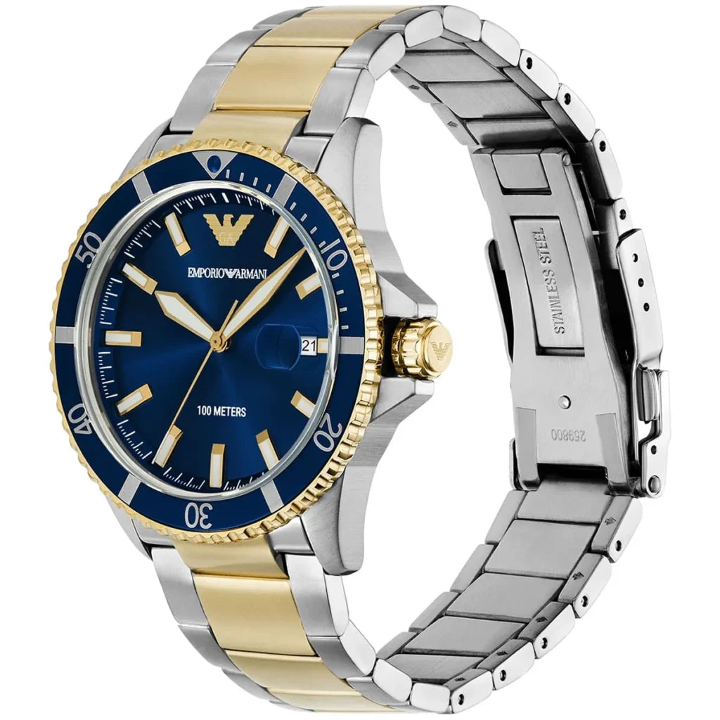 EMPORIO ARMANI World Explorer Silver Stainless Steel Blue Dial Quartz Watch for Gents A11682