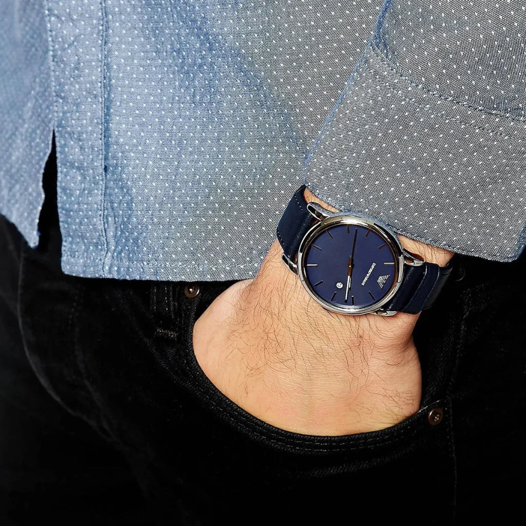 EMPORIO ARMANI Classic Blue Leather Strap Blue Dial Quartz Watch for Gents AR1731