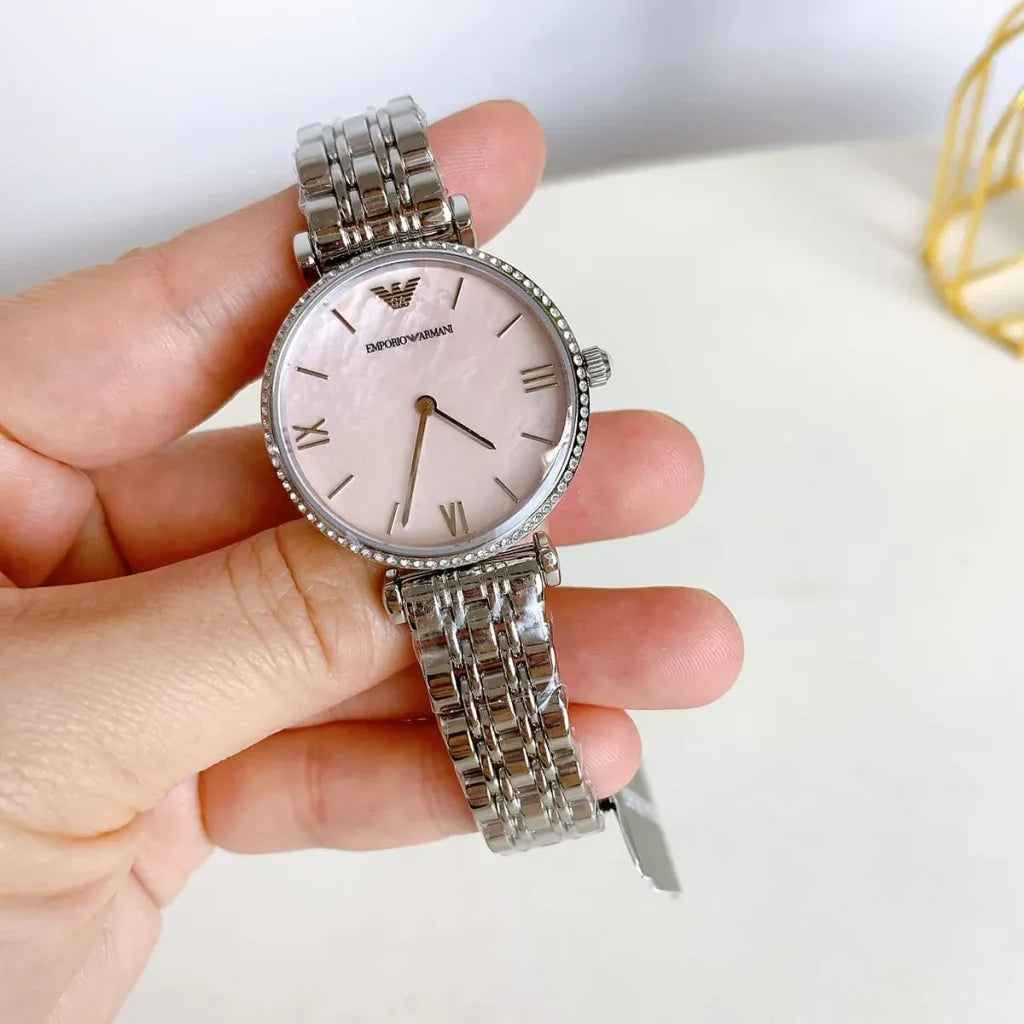 Emporio Armani Women’s Quartz Silver Stainless Steel Pink Mother Of Pearl Dial 32mm Watch AR1779