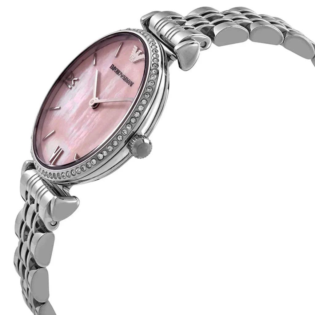 Emporio Armani Women’s Quartz Silver Stainless Steel Pink Mother Of Pearl Dial 32mm Watch AR1779