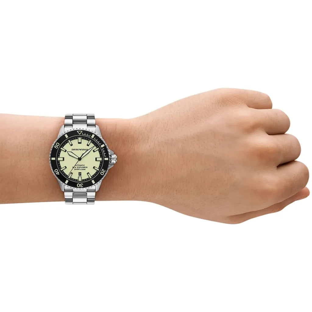 Emporio Armani Men’s Automatic Silver Stainless Steel Yellow Dial 42mm Watch AR60083