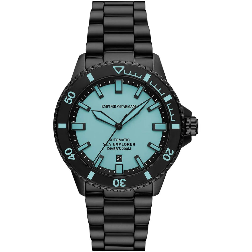 Emporio Armani Men’s Automatic Black Stainless Steel Ice Blue Dial 42mm Watch AR60084