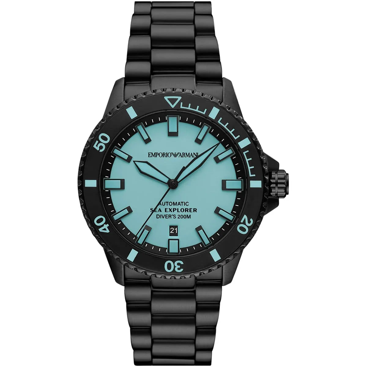 Emporio Armani Men’s Automatic Black Stainless Steel Ice Blue Dial 42mm Watch AR60084