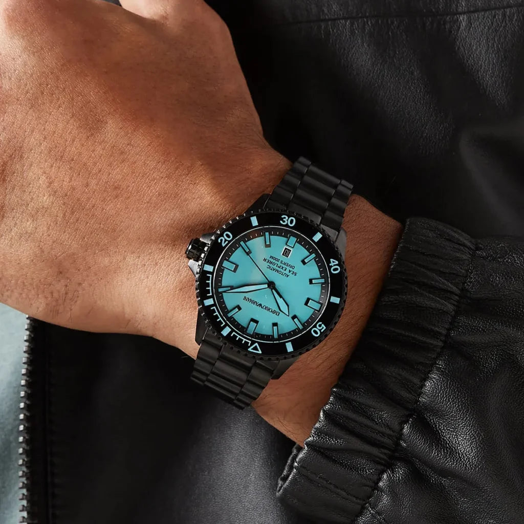 Emporio Armani Men’s Automatic Black Stainless Steel Ice Blue Dial 42mm Watch AR60084