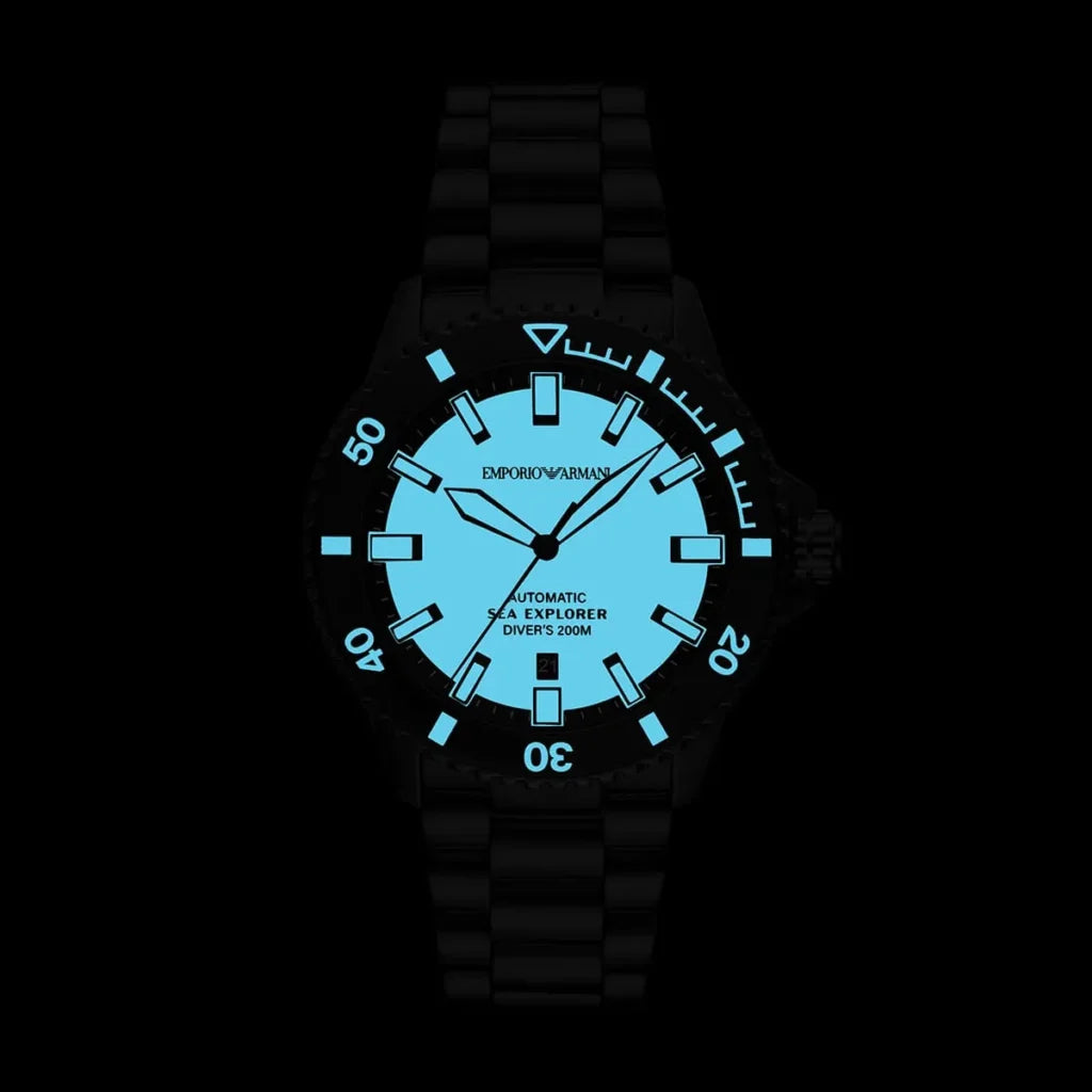 Emporio Armani Men’s Automatic Black Stainless Steel Ice Blue Dial 42mm Watch AR60084