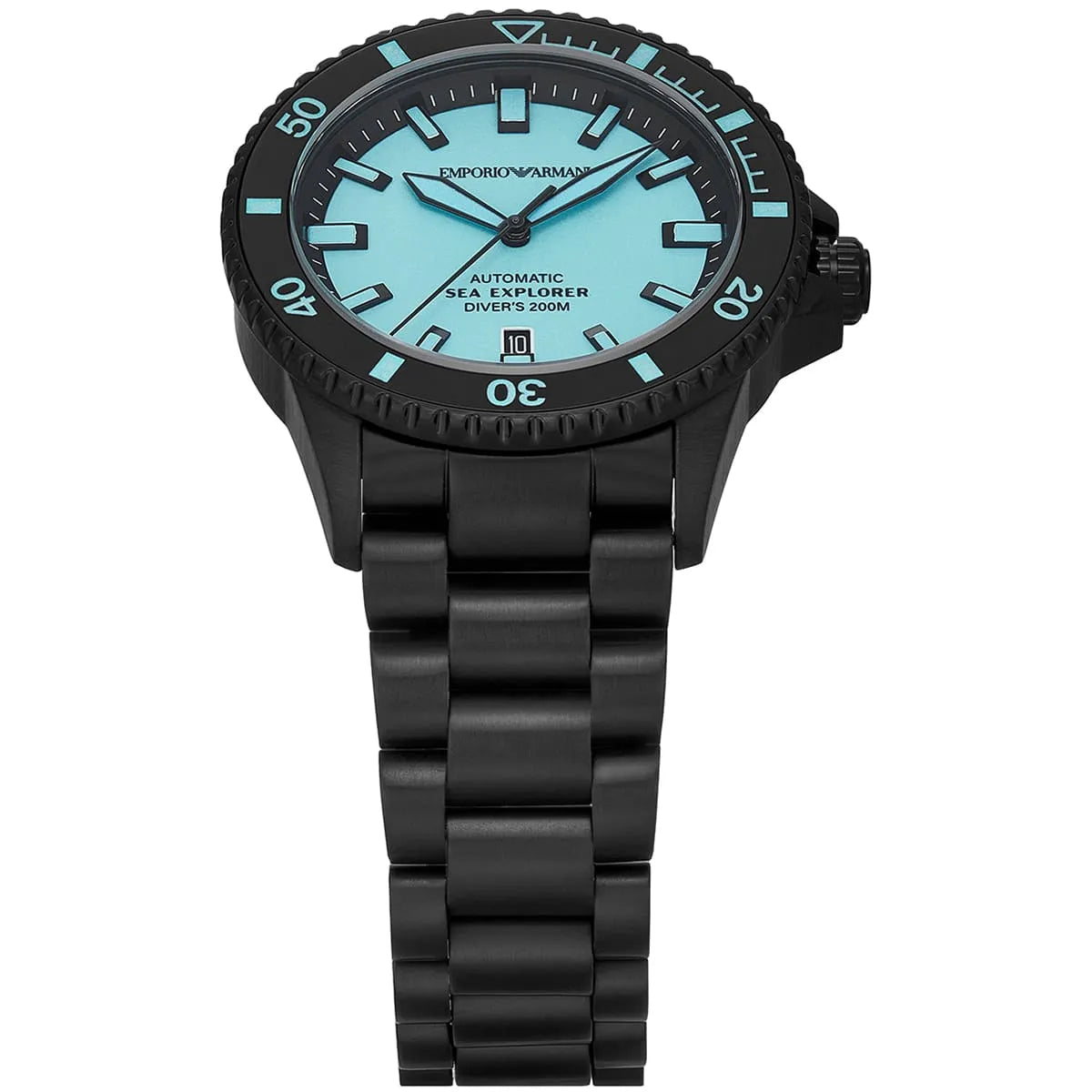 Emporio Armani Men’s Automatic Black Stainless Steel Ice Blue Dial 42mm Watch AR60084