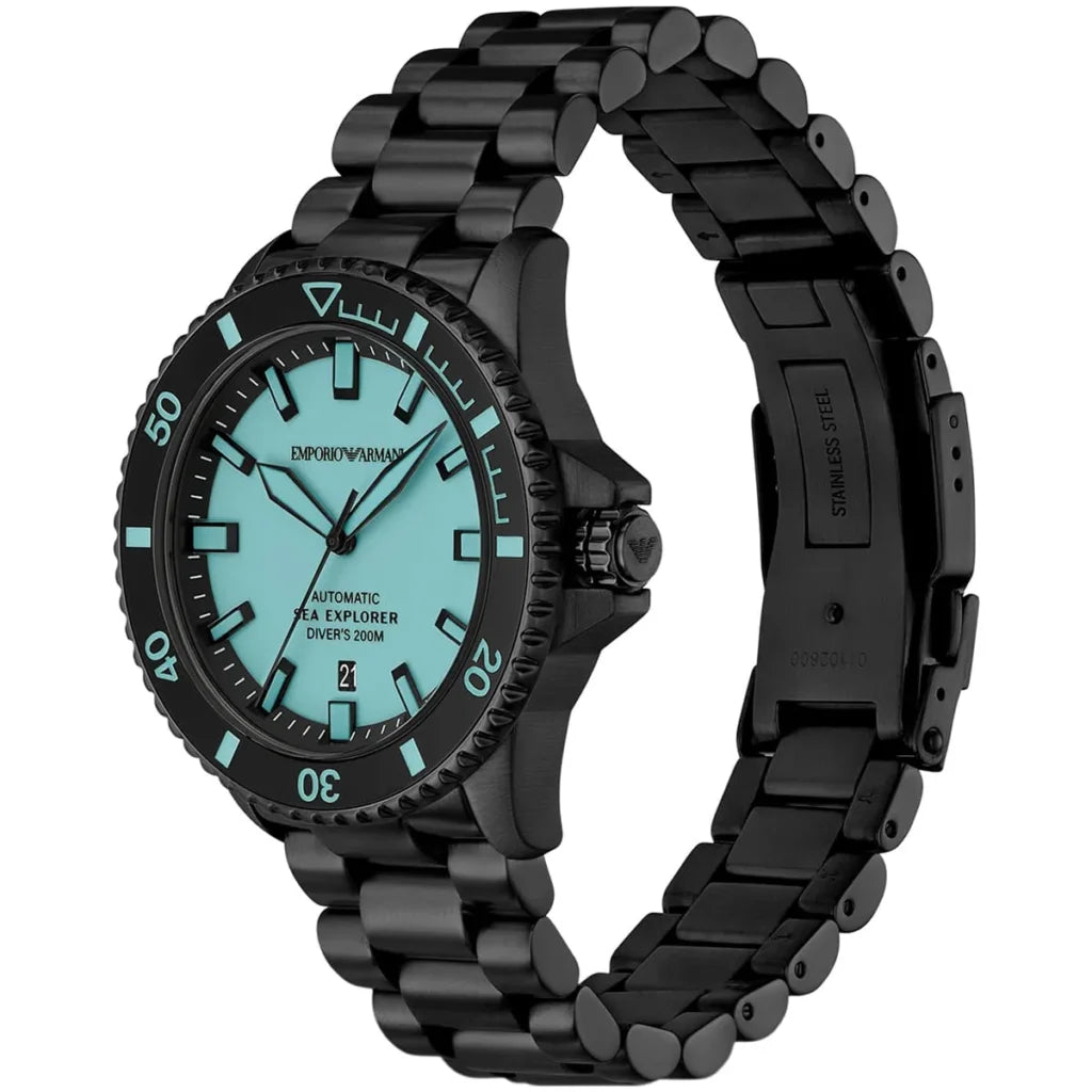 Emporio Armani Men’s Automatic Black Stainless Steel Ice Blue Dial 42mm Watch AR60084