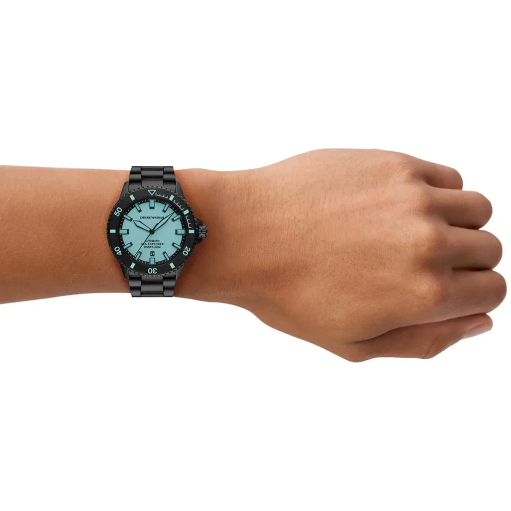 Emporio Armani Men’s Automatic Black Stainless Steel Ice Blue Dial 42mm Watch AR60084