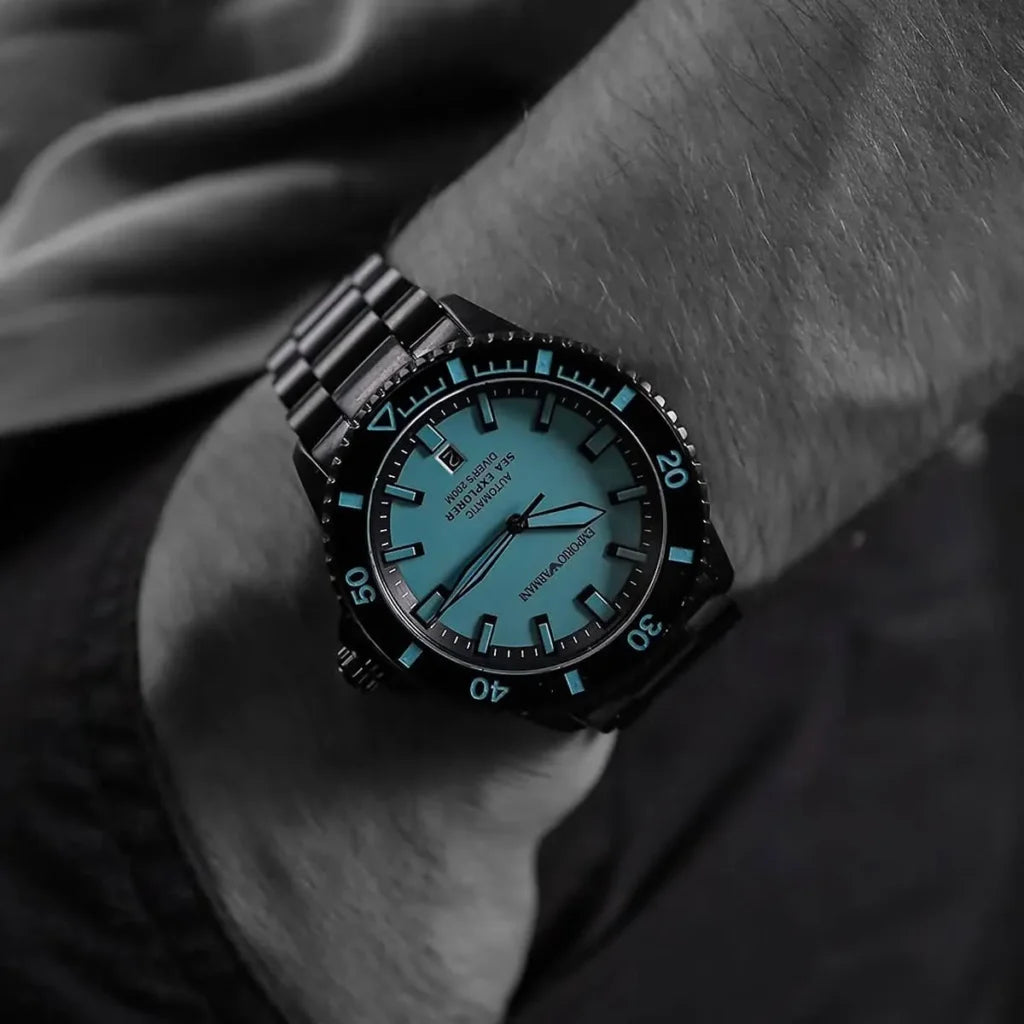 Emporio Armani Men’s Automatic Black Stainless Steel Ice Blue Dial 42mm Watch AR60084
