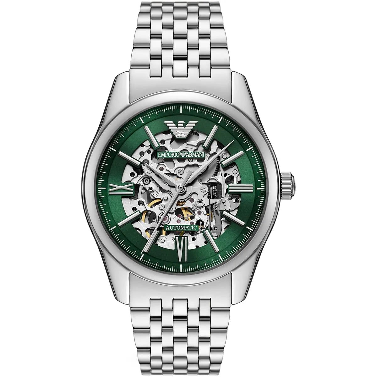 Emporio Armani Men’s Automatic Silver Stainless Steel Green Skeleton Dial 43mm Watch AR60091