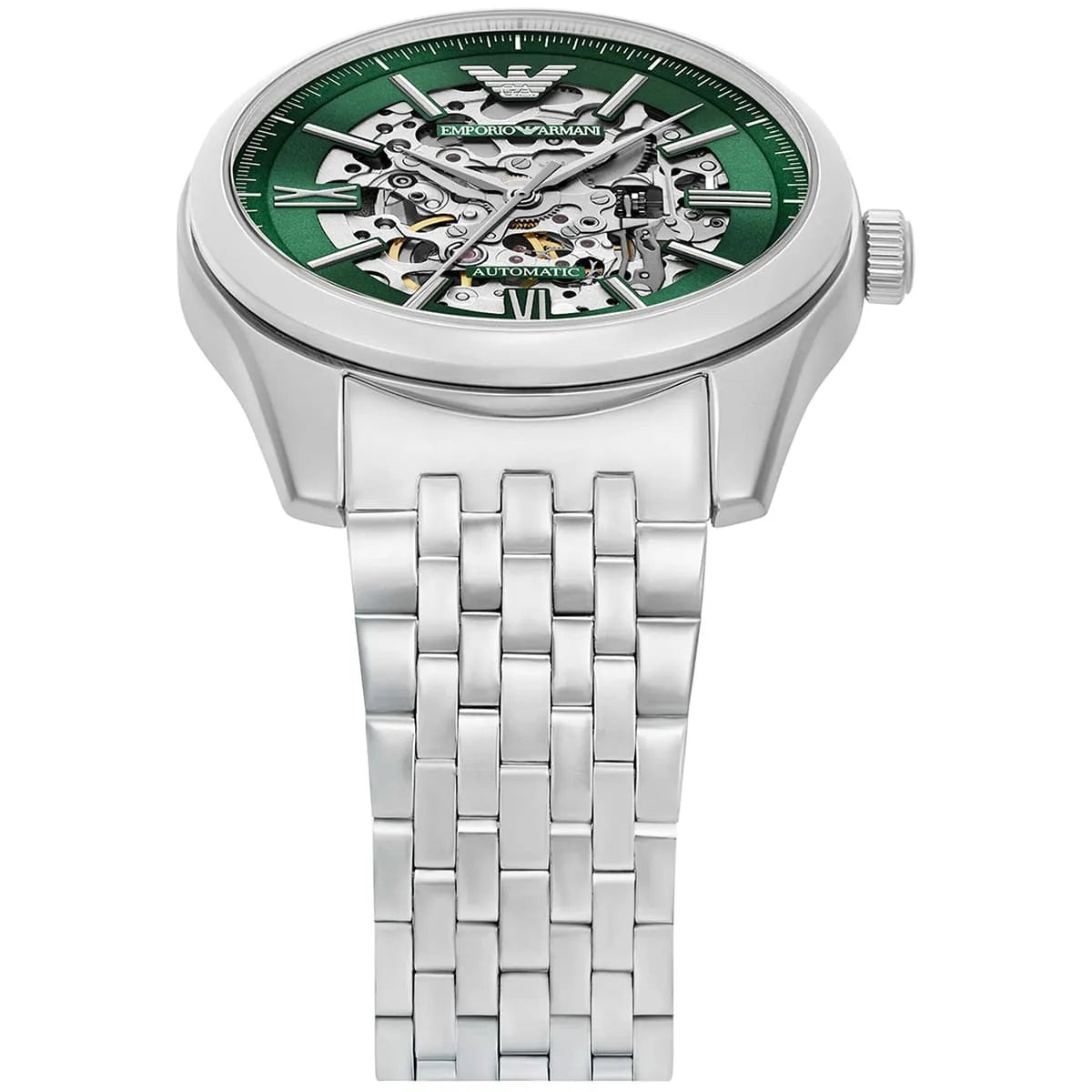 Emporio Armani Men’s Automatic Silver Stainless Steel Green Skeleton Dial 43mm Watch AR60091