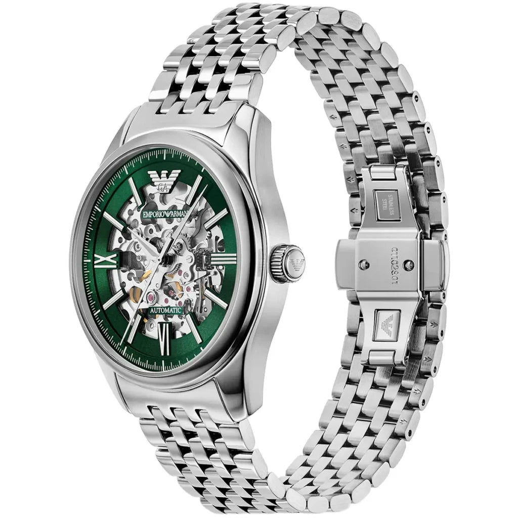 Emporio Armani Men’s Automatic Silver Stainless Steel Green Skeleton Dial 43mm Watch AR60091