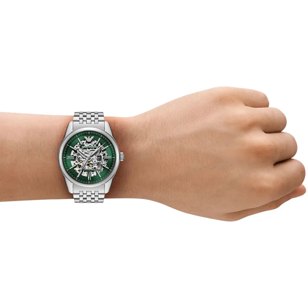 Emporio Armani Men’s Automatic Silver Stainless Steel Green Skeleton Dial 43mm Watch AR60091