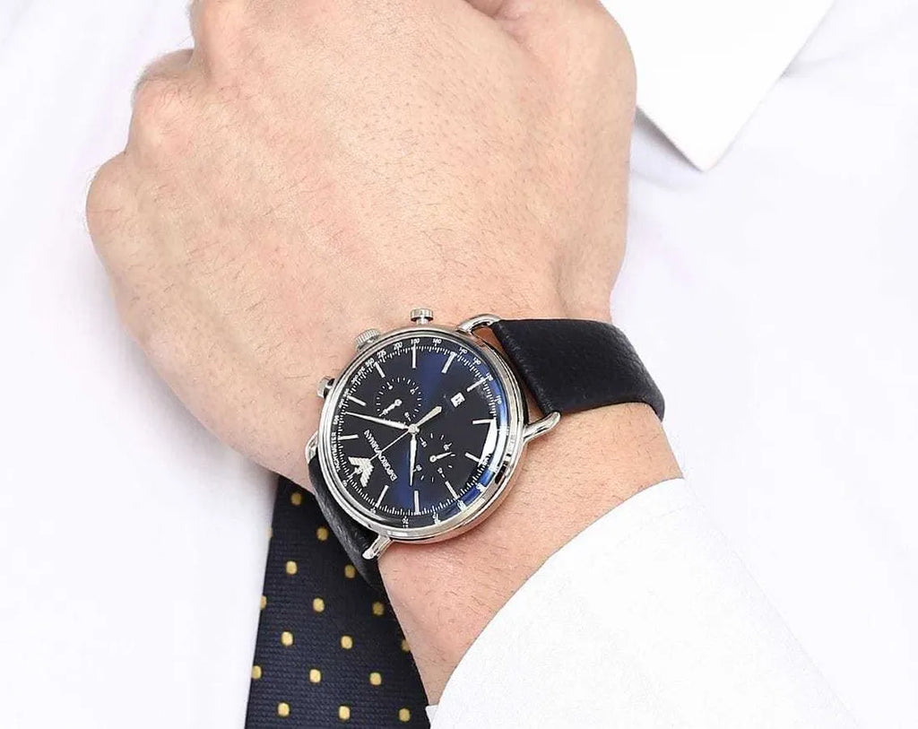 Emporio Armani Men’s Chronograph Quartz Leather Strap Blue Dial 43mm Watch AR11105