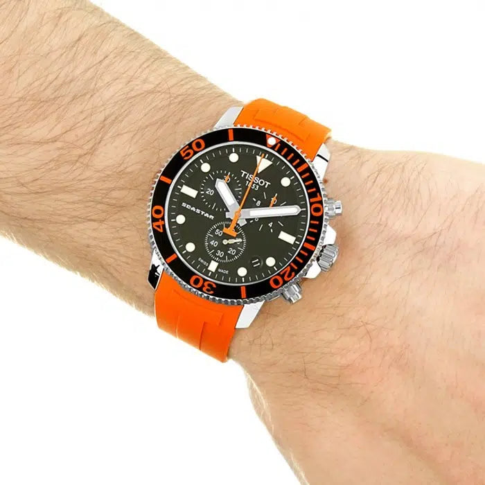 TISSOT Seastar 1000 Men’s Chronograph Quartz Swiss Made Orange Silicone Strap Black Dial 45mm Watch T120.417.17.051.01