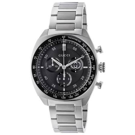 Gucci Men’s Swiss Made Chronograph Quartz Silver Stainless Steel Black Dial 41mm Watch YA142316