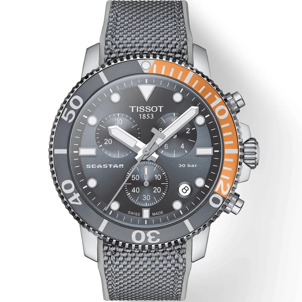 TISSOT Seastar 1000 Men’s Chronograph Quartz Swiss Made Grey Textile Strap Grey Dial 45mm Watch T120.417.17.081.01