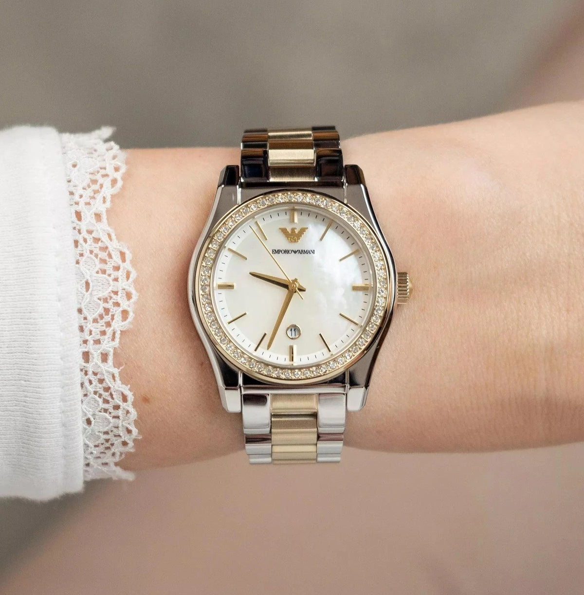 Emporio Armani Women’s Quartz Two-Tone Stainless Steel Mother Of Pearl Dial 32mm Watch AR11559