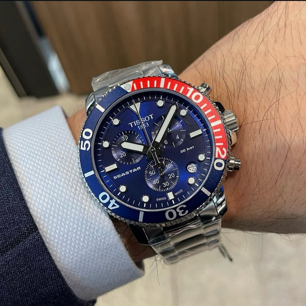 TISSOT Seastar 1000 Men’s Chronograph Quartz Swiss Made Silver Stainless Steel Blue Dial 45mm Watch T120.417.11.041.03