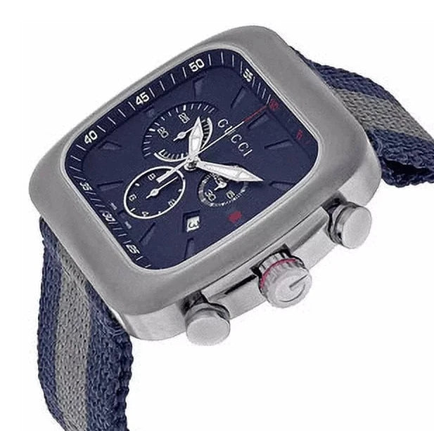 Gucci Men’s Swiss Made Quartz Blue & Grey Nylon Strap Blue Dial 44mm Watch YA131203