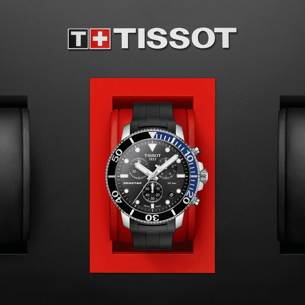 TISSOT Seastar 1000 Men’s Quartz Chronograph Swiss Made Black Silicone Strap Black Dial 45mm Watch T120.417.17.051.02