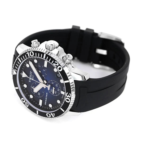 TISSOT Seastar 1000 Men’s Chronograph Quartz Swiss Made Black Silicone Strap Blue Dial 45mm Watch T120.417.17.041.00
