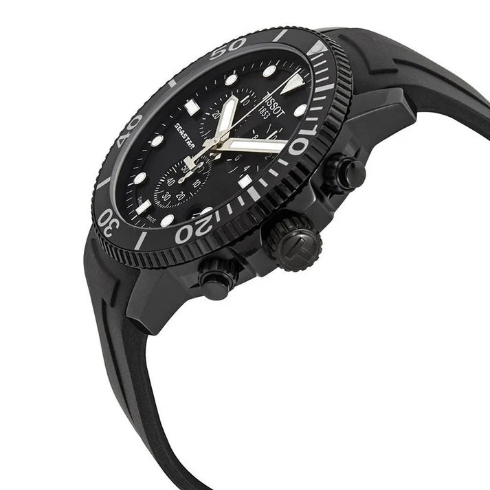 TISSOT Seastar 1000 Men’s Chronograph Quartz Swiss Made Black Silicone Strap Black Dial 45mm Watch T120.417.37.051.02