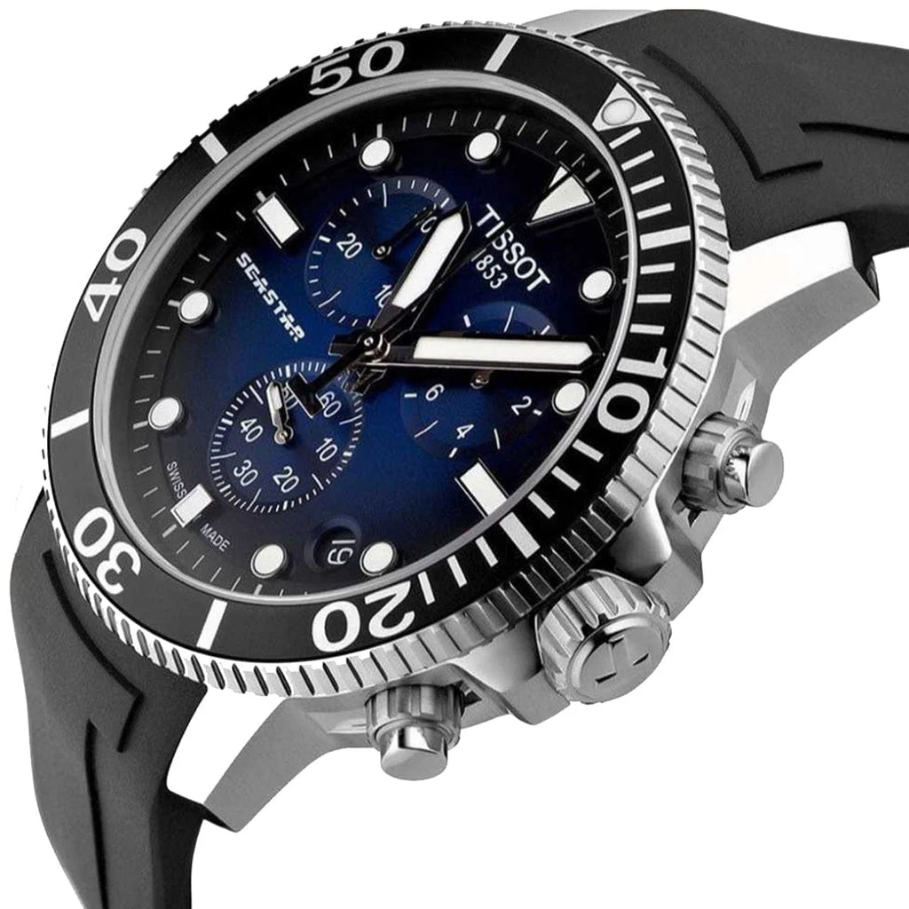 TISSOT Seastar 1000 Men’s Chronograph Quartz Swiss Made Black Silicone Strap Blue Dial 45mm Watch T120.417.17.041.00