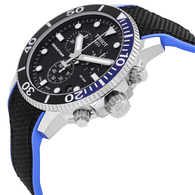 TISSOT Seastar 1000 Men’s Chronograph Quartz Swiss Made Black Textile Strap Black Dial 45mm Watch T120.417.17.051.03