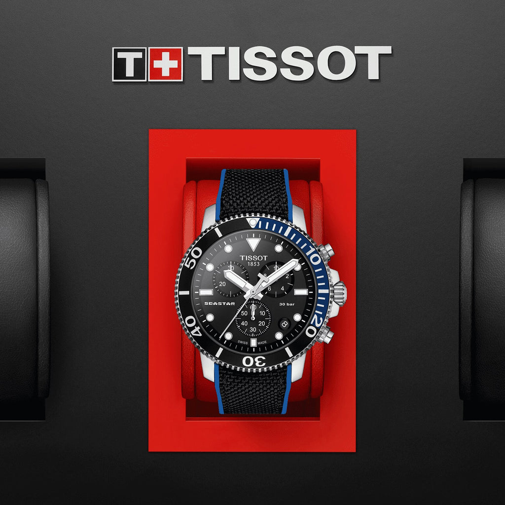 TISSOT Seastar 1000 Men’s Chronograph Quartz Swiss Made Black Textile Strap Black Dial 45mm Watch T120.417.17.051.03