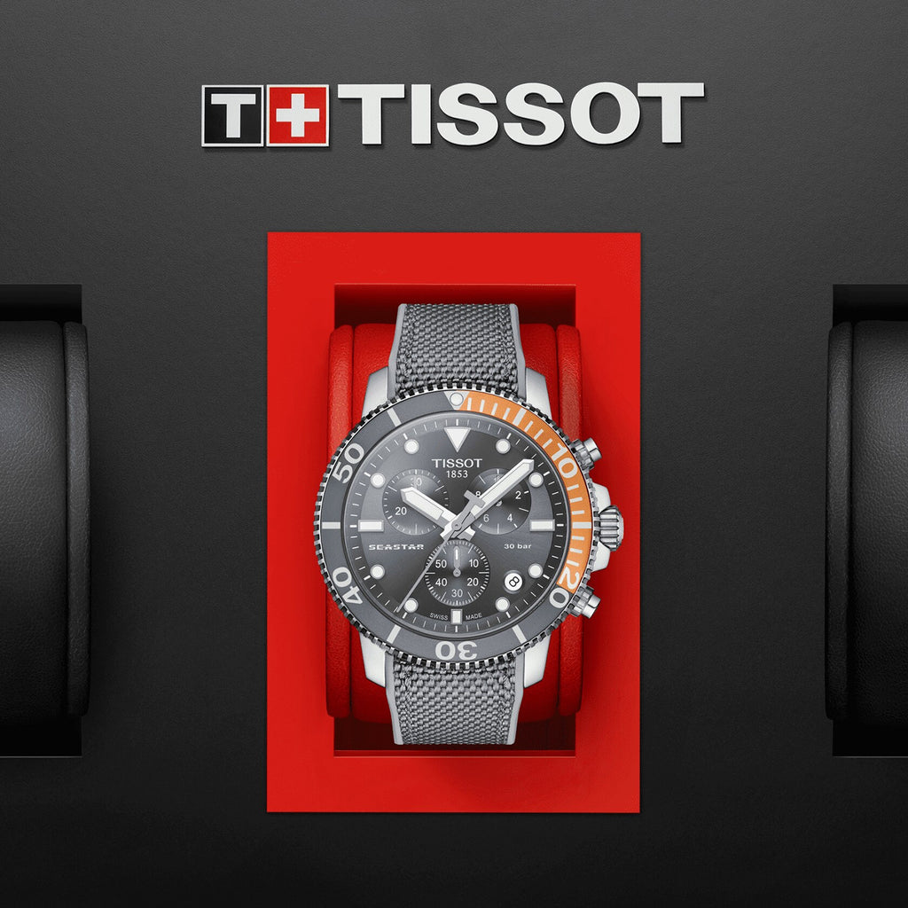 TISSOT Seastar 1000 Men’s Chronograph Quartz Swiss Made Grey Textile Strap Grey Dial 45mm Watch T120.417.17.081.01