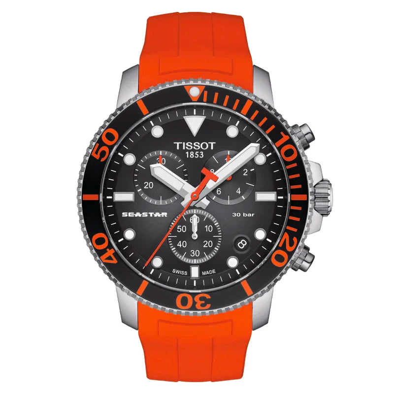 TISSOT Seastar 1000 Men’s Chronograph Quartz Swiss Made Orange Silicone Strap Black Dial 45mm Watch T120.417.17.051.01